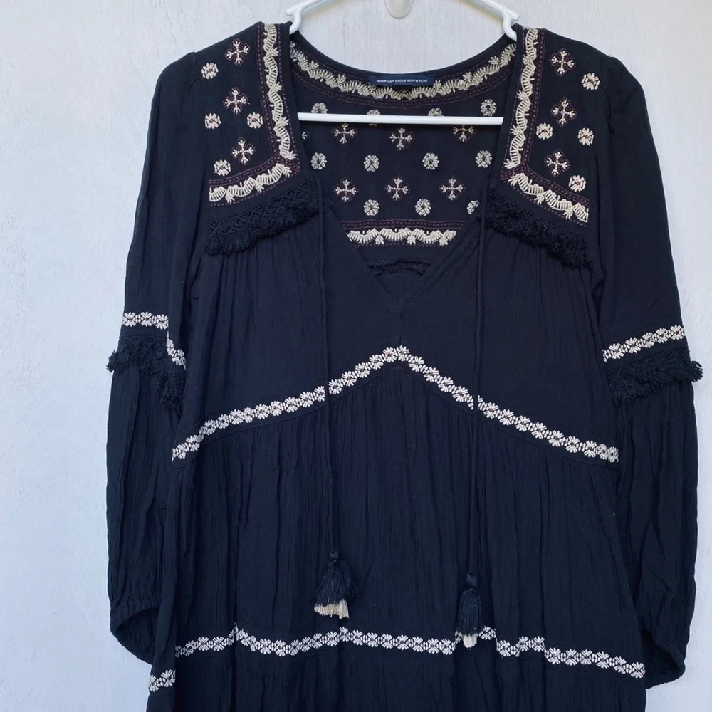 American Eagle Black Tan Boho Tassel Tiered Dress - Picture 2 of 6